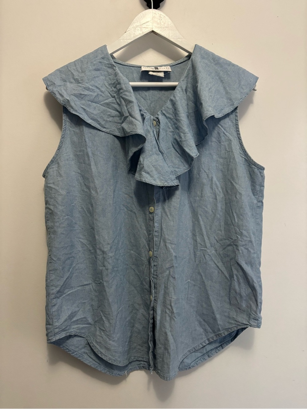100% Cotton Light Blue Ruffle Collar Button-Front Blouse